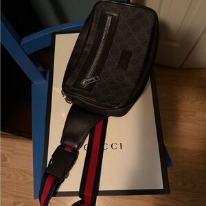 Gucci Black Belt Bag with Red and Blue Strap